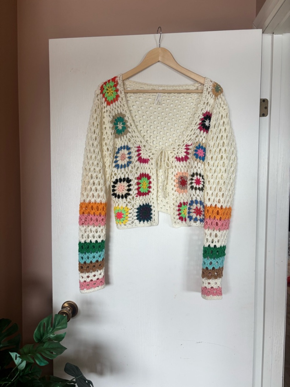 Crochet Granny Square Tie-Front Cardigan - Cream with Multicolor Accents